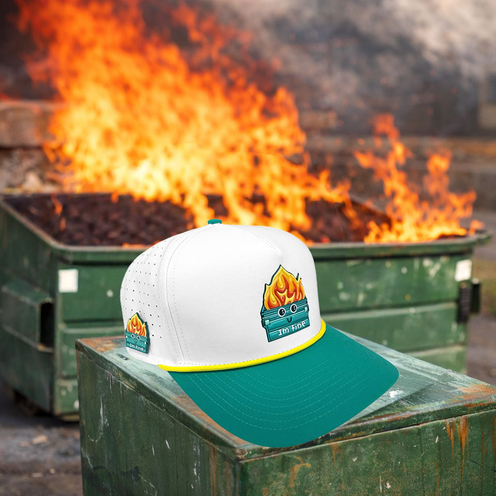 Dumpster Fire Golf Hat | Snapback Cap | Built-in Magnetic Ball Marker Holder + Marker Included | Adjustable | Trash Waste White, Teal