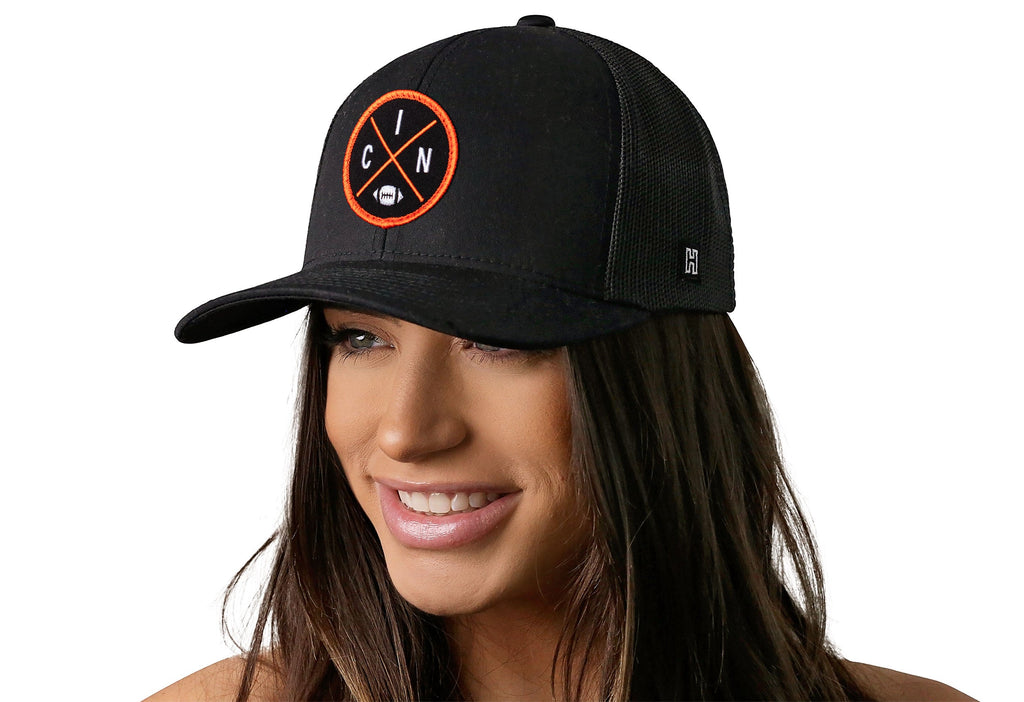 Cincinnati Trucker Hat  |  Black CIN X Football Snapback