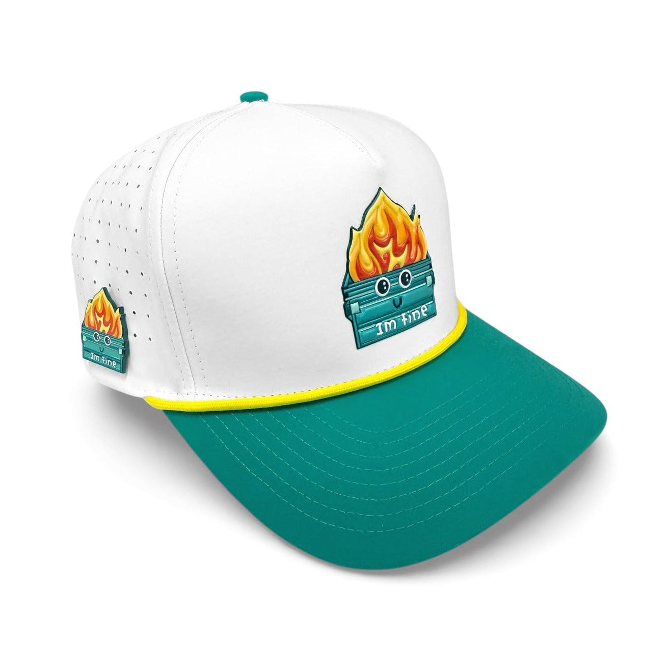 Dumpster Fire Golf Hat | Snapback Cap | Built-in Magnetic Ball Marker Holder + Marker Included | Adjustable | Trash Waste White, Teal