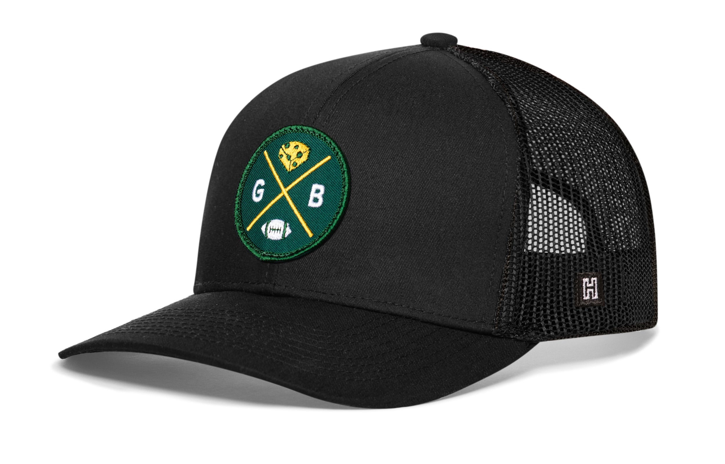 Green Bay Trucker Hat  |  Black GB X Football Snapback