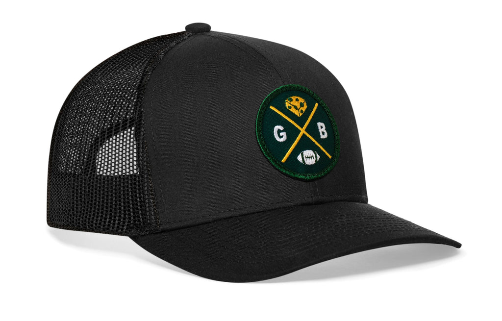 Green Bay Trucker Hat  |  Black GB X Football Snapback