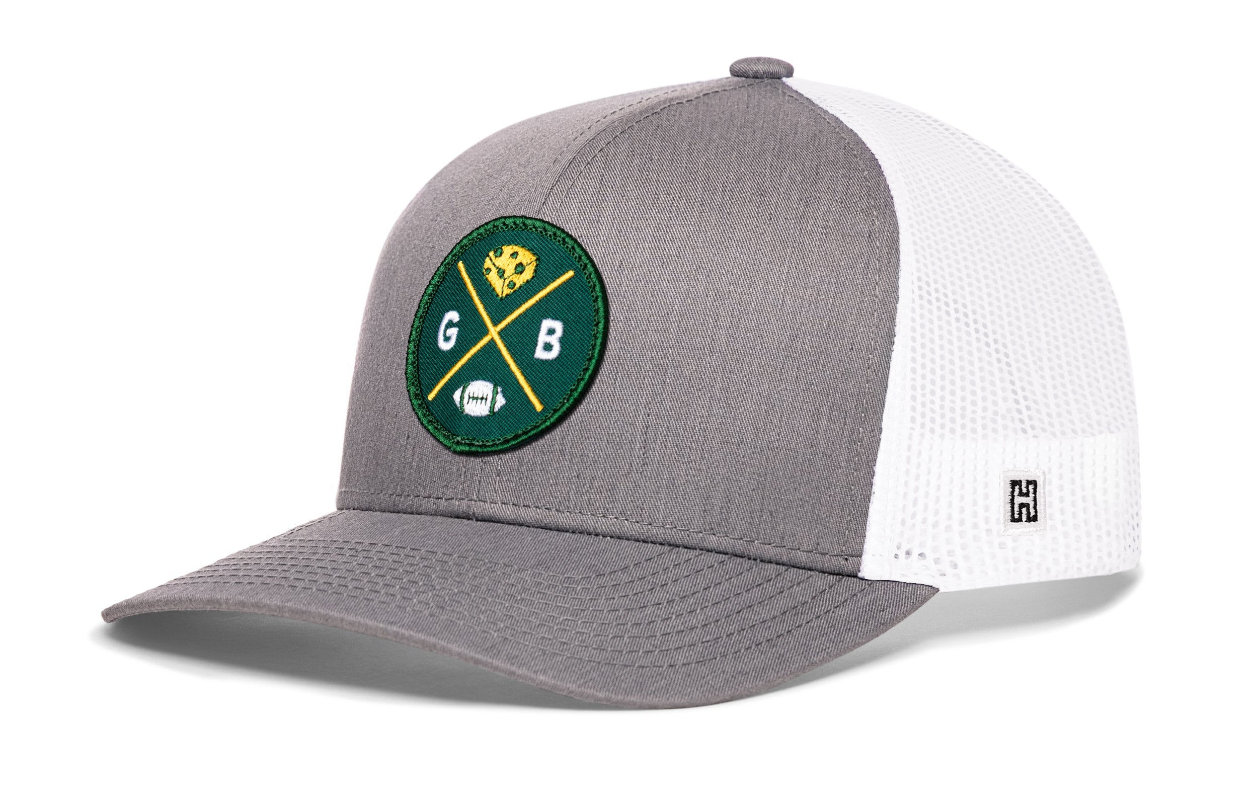 Green Bay Trucker Hat  |  Gray-White GB X Football Snapback