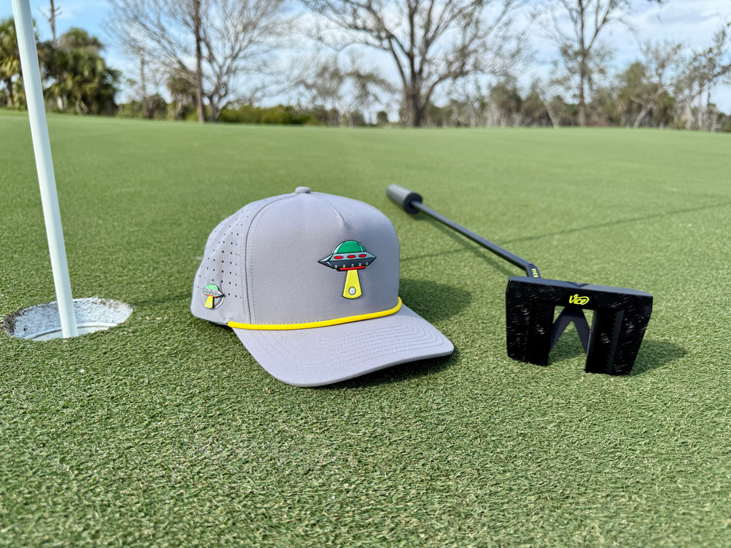 UFO Golf Hat | Snapback Cap | Built-in Magnetic Ball Marker Holder + Marker Included | Adjustable | Alien Gray