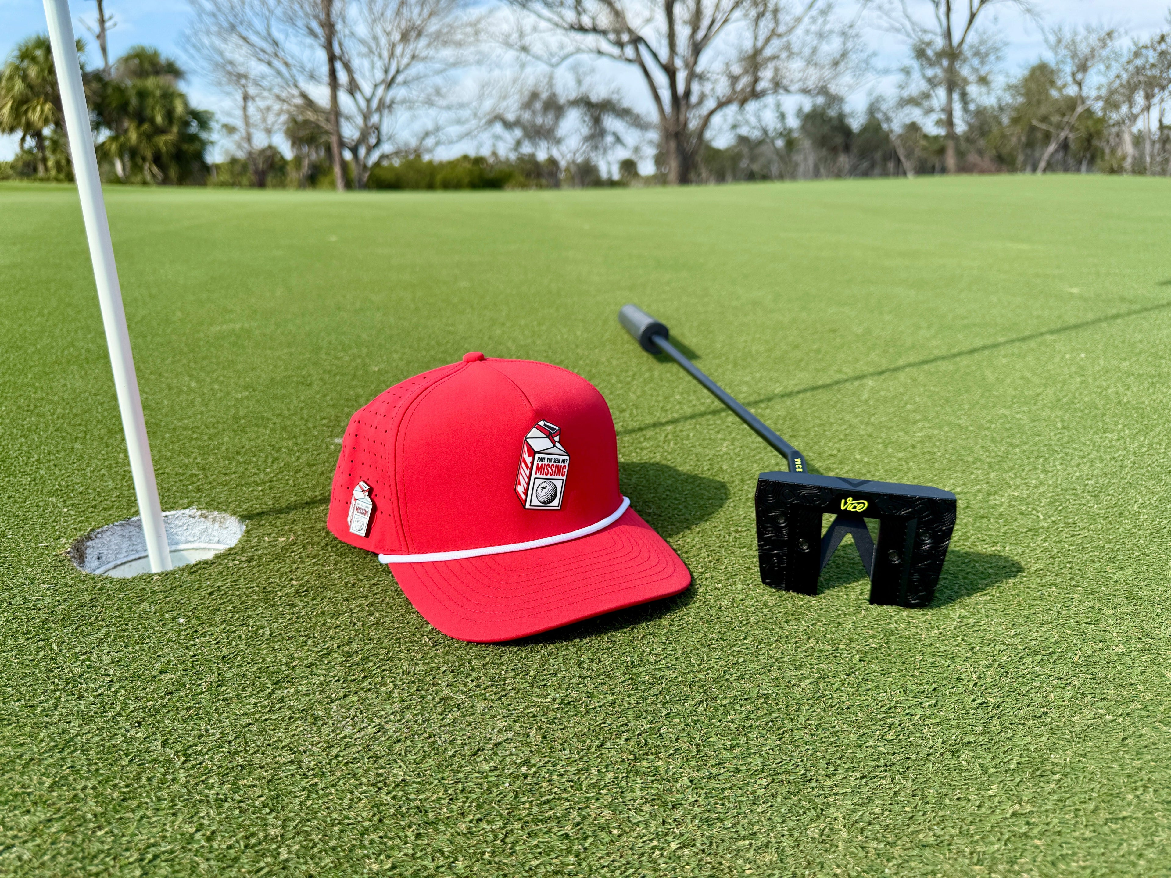 Missing Milk Golf Hat | Snapback Cap | Built-in Magnetic Ball Marker Holder + Marker Included | Missing Golf Ball | Adjustable Red