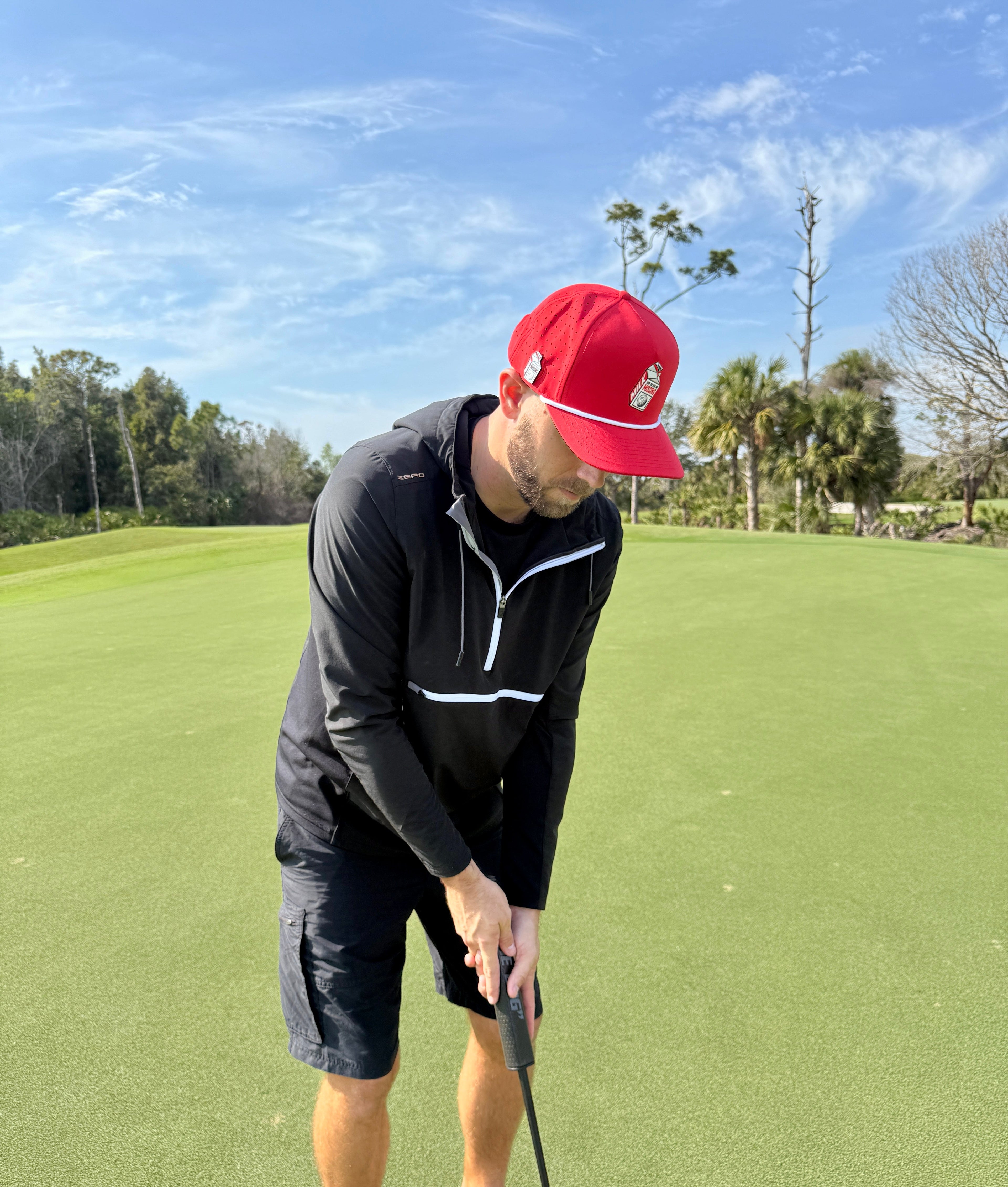 Missing Milk Golf Hat | Snapback Cap | Built-in Magnetic Ball Marker Holder + Marker Included | Missing Golf Ball | Adjustable Red