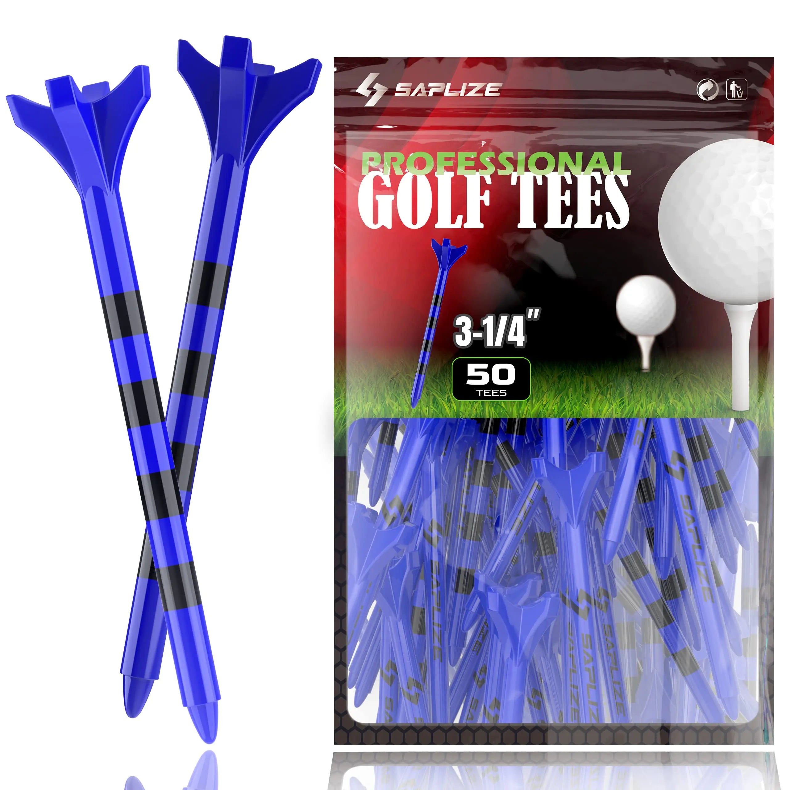 SAPLIZE Plastic Golf Tees Pack of 100(1-1/2"& 3-1/4" Available) Reduces Friction & Side Spin 4 Prongs Plastic Tees Mixed
