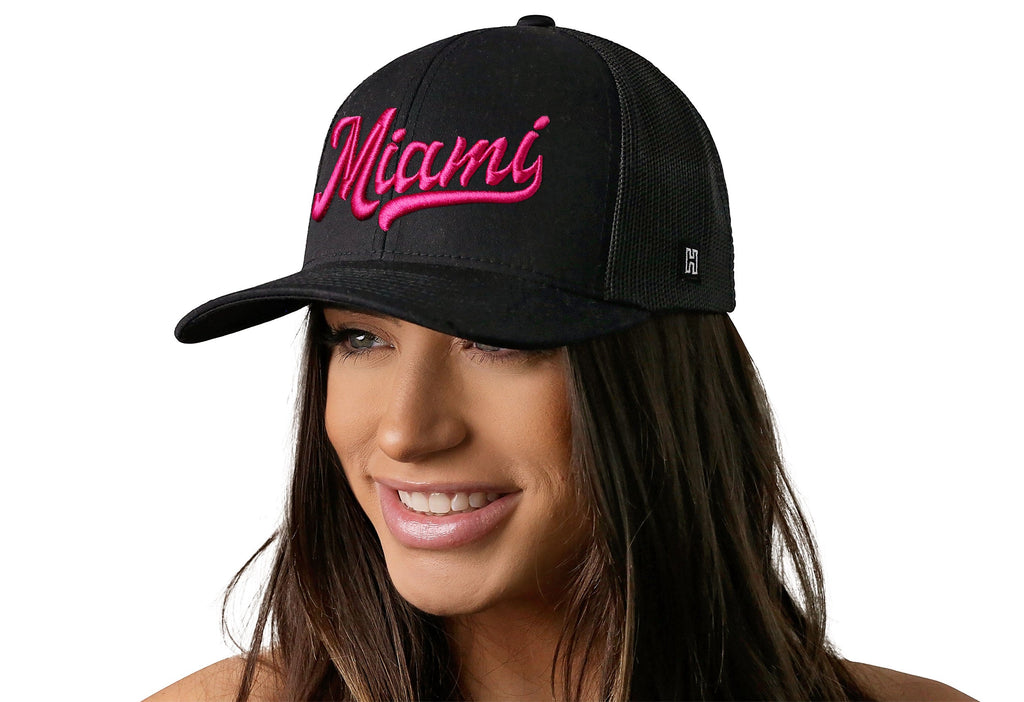 Miami Hot Pink Script Trucker Hat  |  Black Florida Snapback