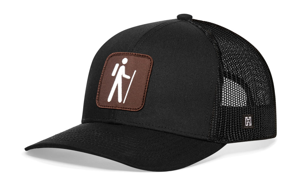 Hiking Trucker Hat  |  Black Campground Trail Signs Snapback