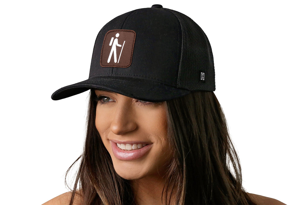 Hiking Trucker Hat  |  Black Campground Trail Signs Snapback