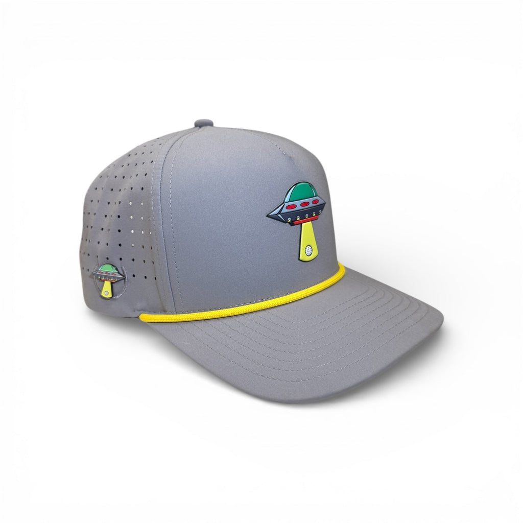 UFO Golf Hat | Snapback Cap | Built-in Magnetic Ball Marker Holder + Marker Included | Adjustable | Alien Gray