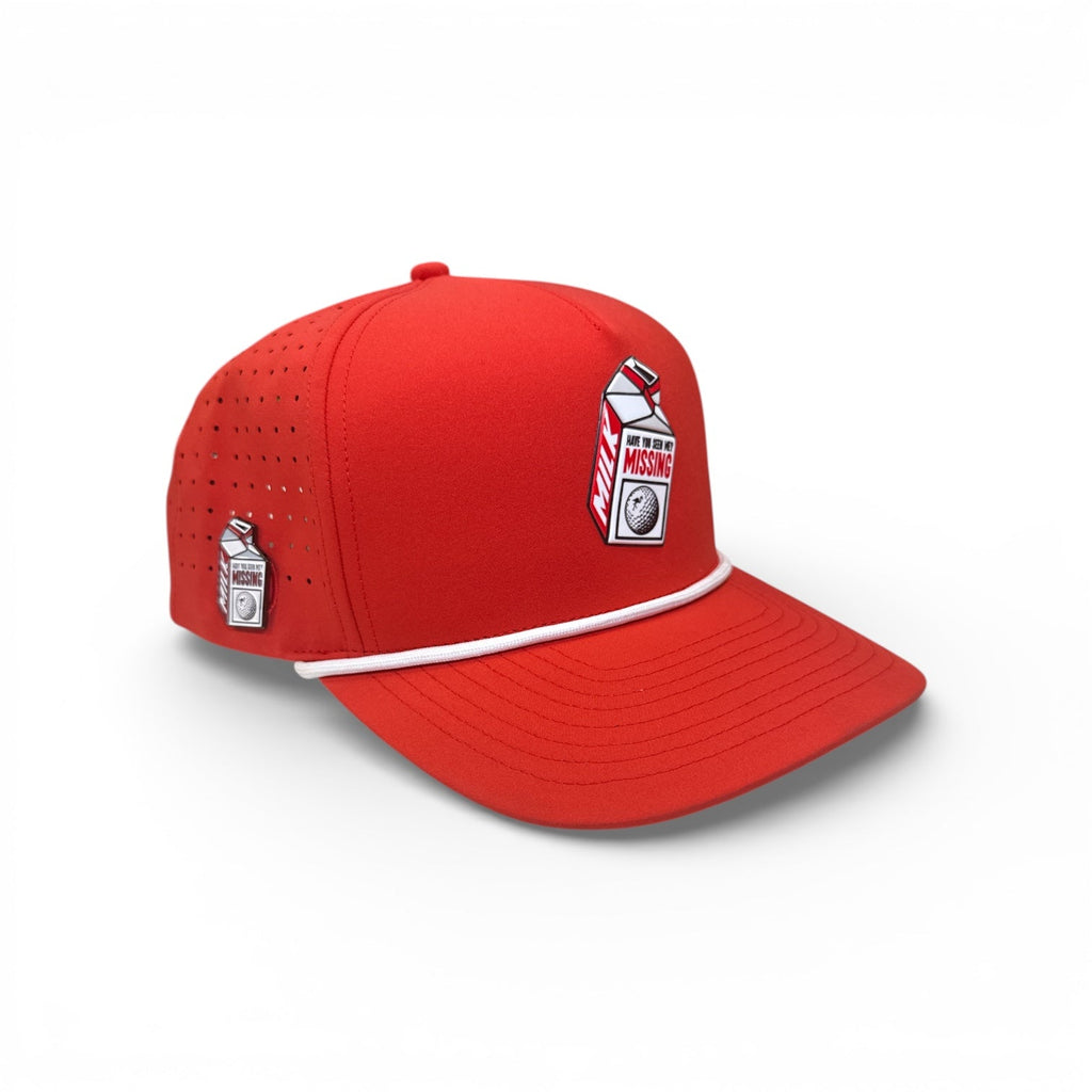 Missing Milk Golf Hat | Snapback Cap | Built-in Magnetic Ball Marker Holder + Marker Included | Missing Golf Ball | Adjustable Red