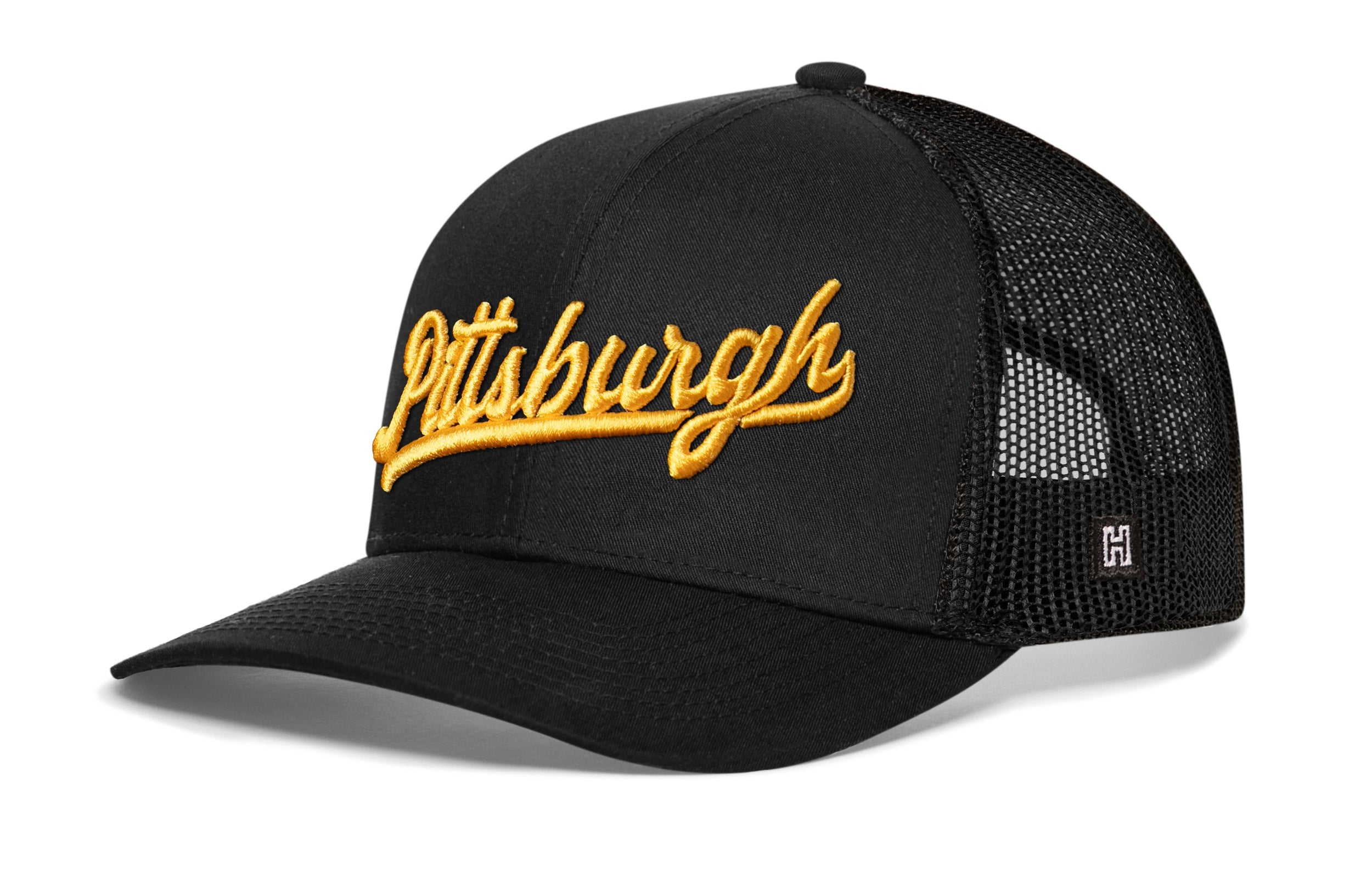 Pittsburgh Gold Script Trucker Hat  |  Black Pennsylvania Snapback