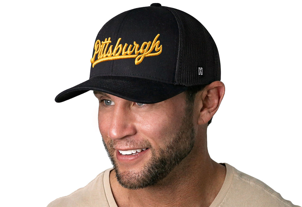 Pittsburgh Gold Script Trucker Hat  |  Black Pennsylvania Snapback