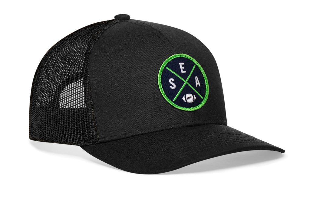 Seattle Trucker Hat  |  Black SEA X Football Snapback