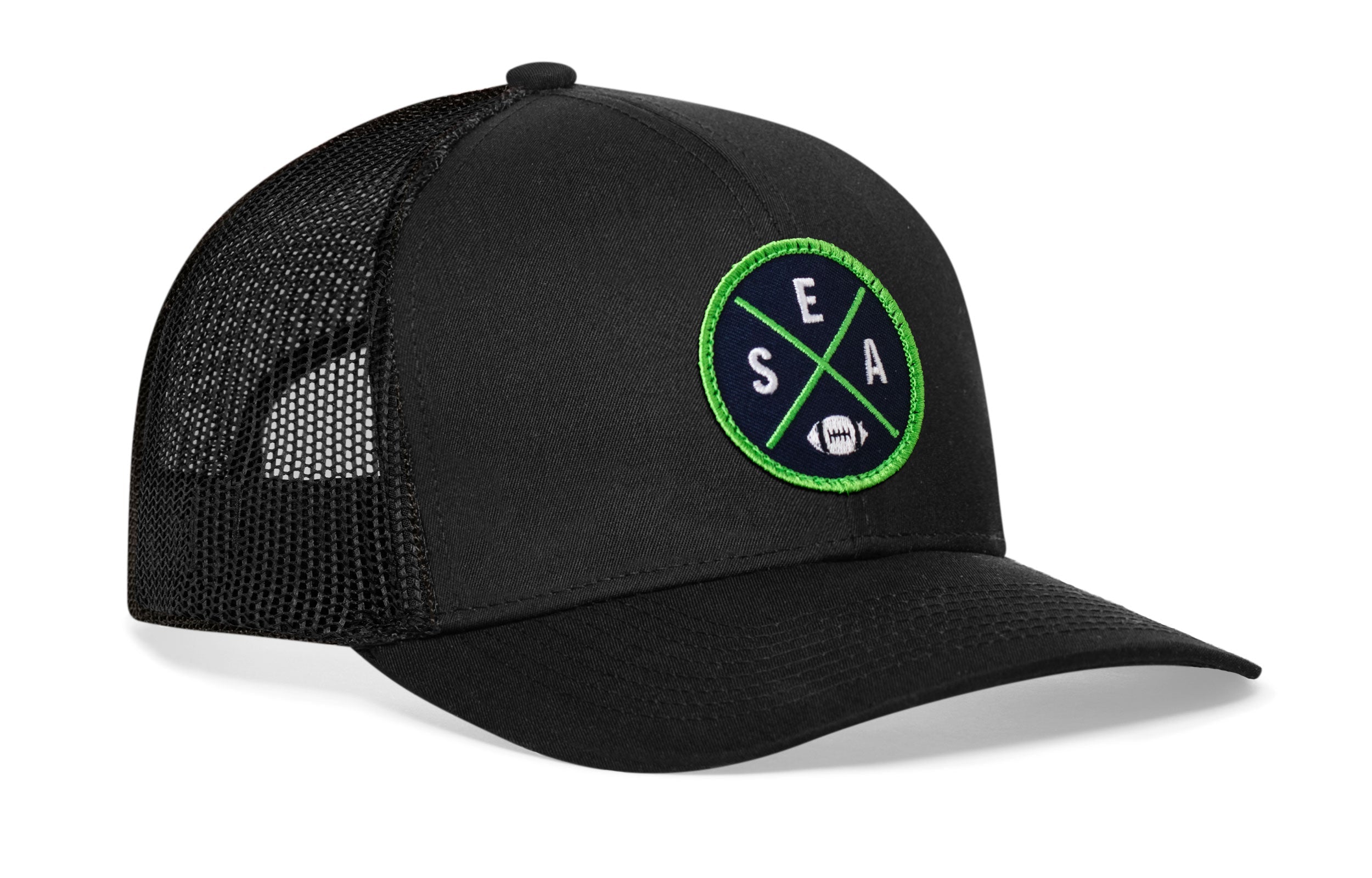 Seattle Trucker Hat  |  Black SEA X Football Snapback