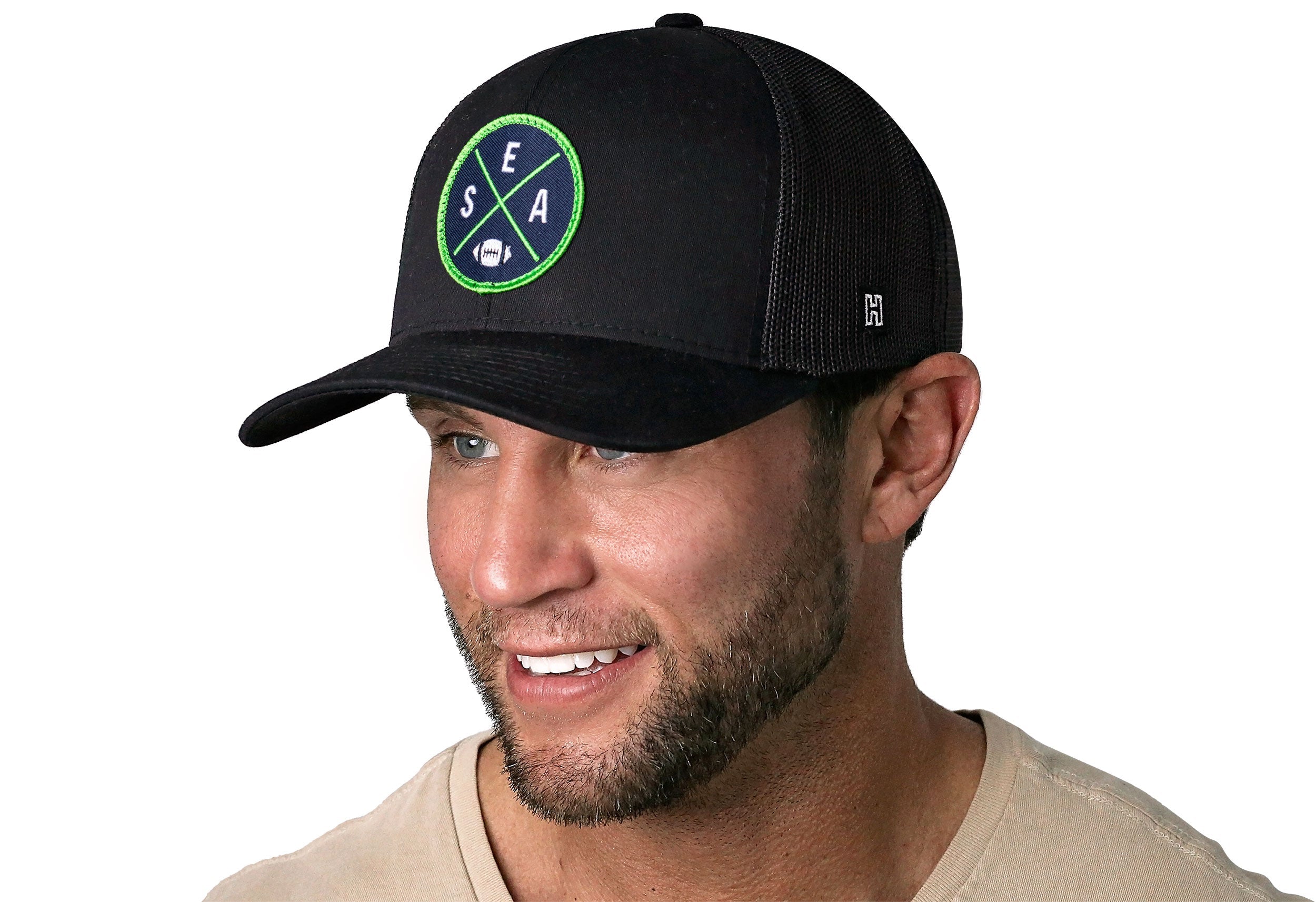 Seattle Trucker Hat  |  Black SEA X Football Snapback