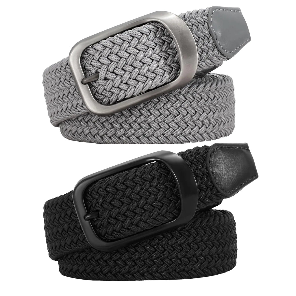 2 Pack Stretch Belts for Men Elastic Woven Braided Belt 1 3/8 Casual Golf Belt for Jeans Pants Black/Grey