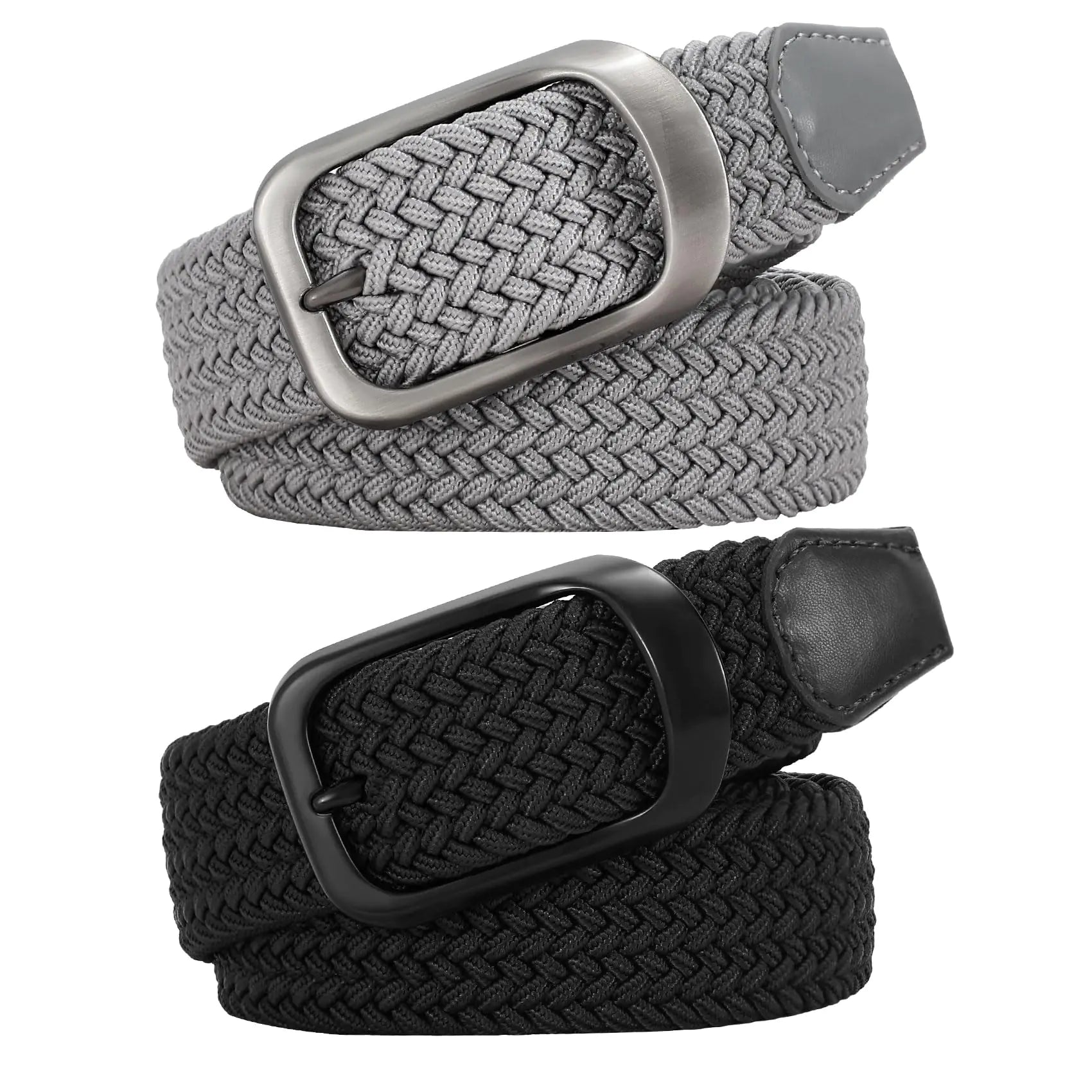 2 Pack Stretch Belts for Men Elastic Woven Braided Belt 1 3/8 Casual Golf Belt for Jeans Pants Black/Grey