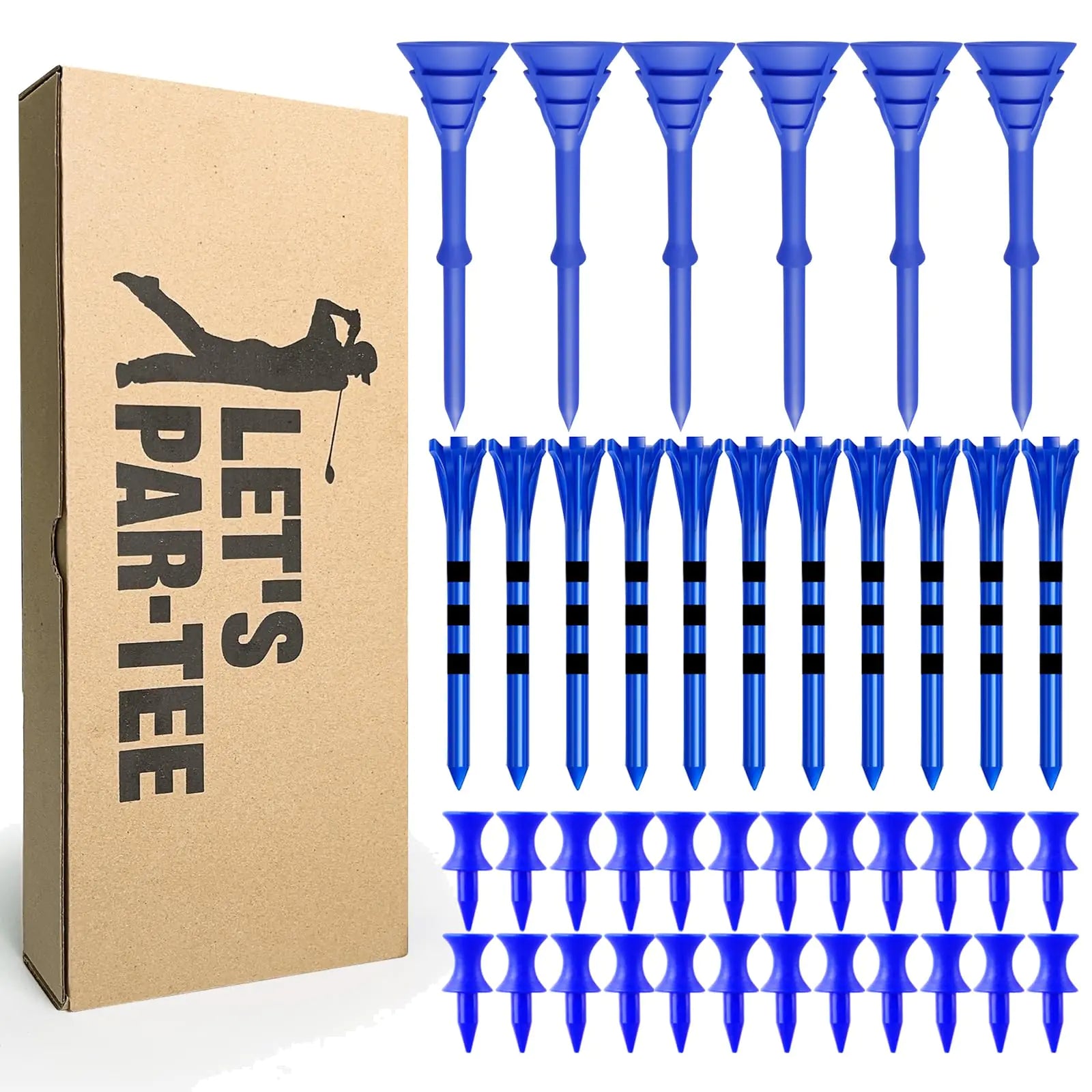 FINGER TEN Golf Tees Blue Unbreakable Plastic 3 1/4 2 3/4 1 1/2 Inch Mixed 60 Pack Durable Stable Long Short Gift Box Golf Tee Available for Iron Shots Practice (Blue Mix Set)